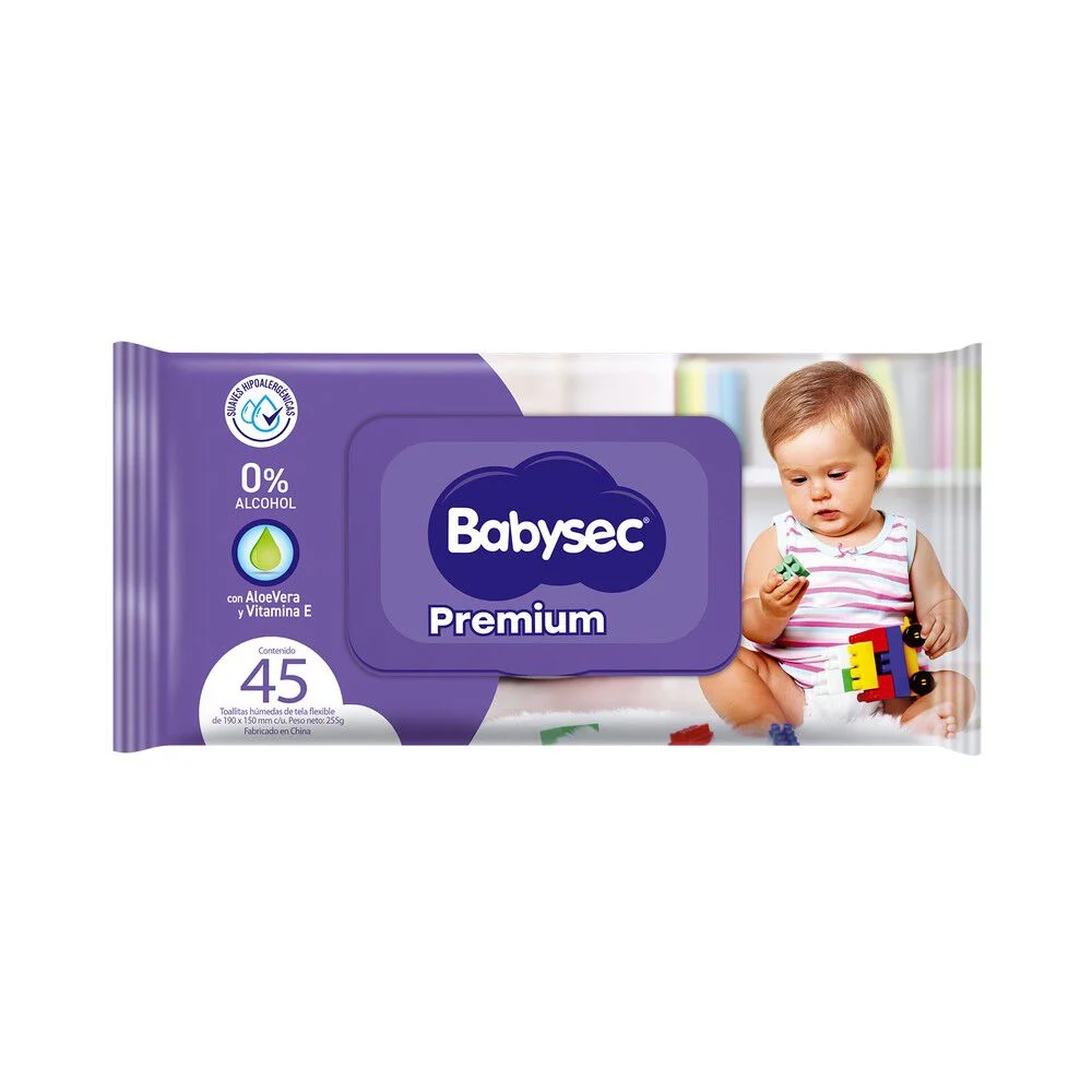 Toallitas Húmedas Babysec Premium Aloe Vera & Vitamina E (45 Unidades)